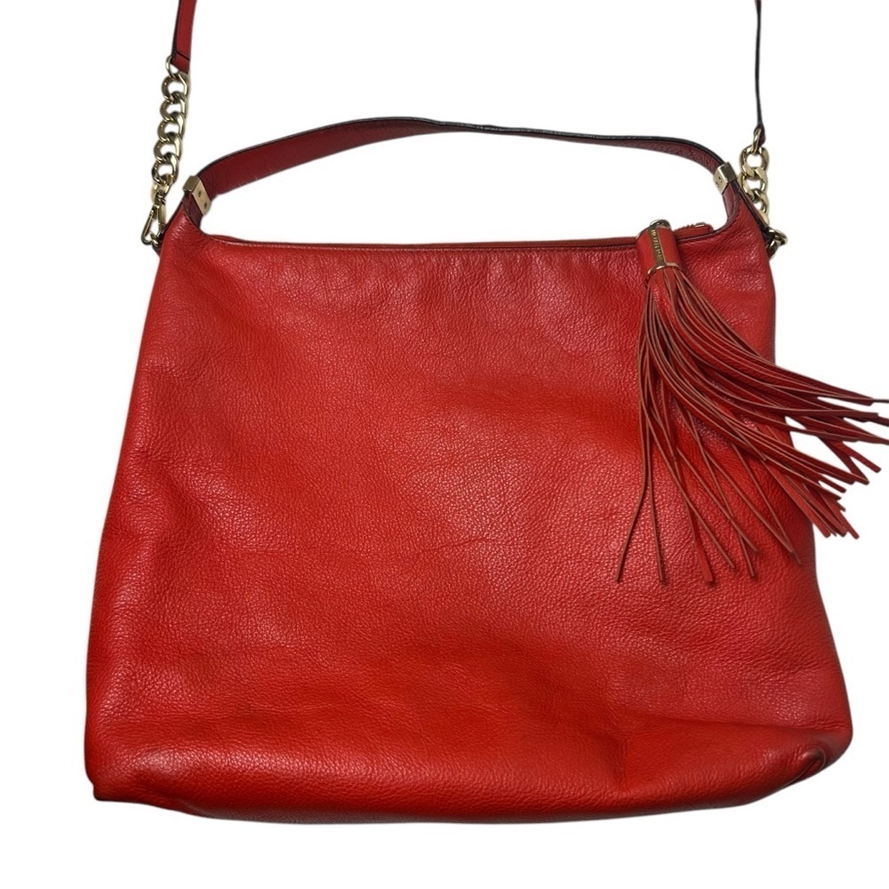 Michael Kors Hobo Bag Orange Red Soft Pebbled Leather with Tassel Large 2 Straps - Picture 9 of 15